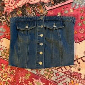 Denim Button-Front Strapless Top in Dark Blue